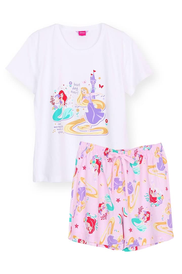 ชุดนอนผู้หญิง JOSILINS เซตเสื้อยืด และกางเกงขาสั้น Disney Princess : A Room for princess Ariel & Rapunzel สีขาว