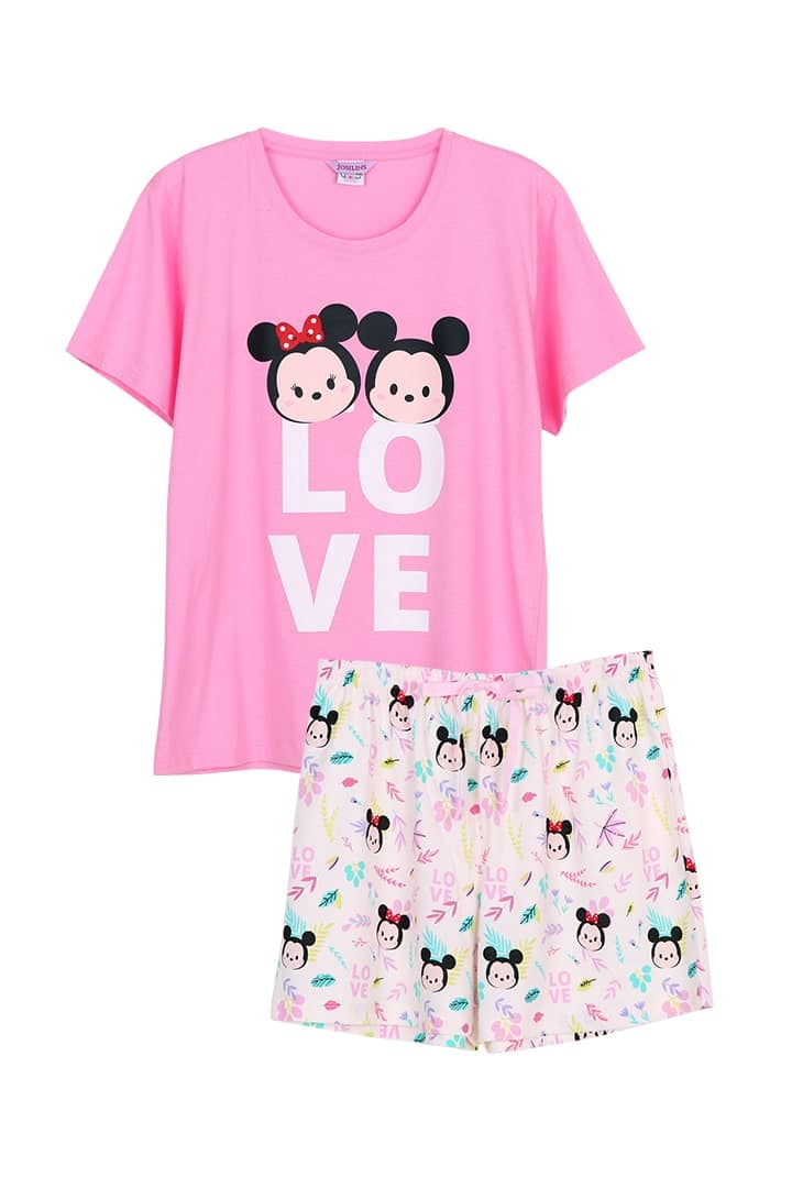 ชุดนอนผู้หญิง JOSILINS เซตเสื้อยืด และกางเกงขาสั้น Tsum Tsum : Loveing Nature Mickey&Minnie สีชมพูเข้ม