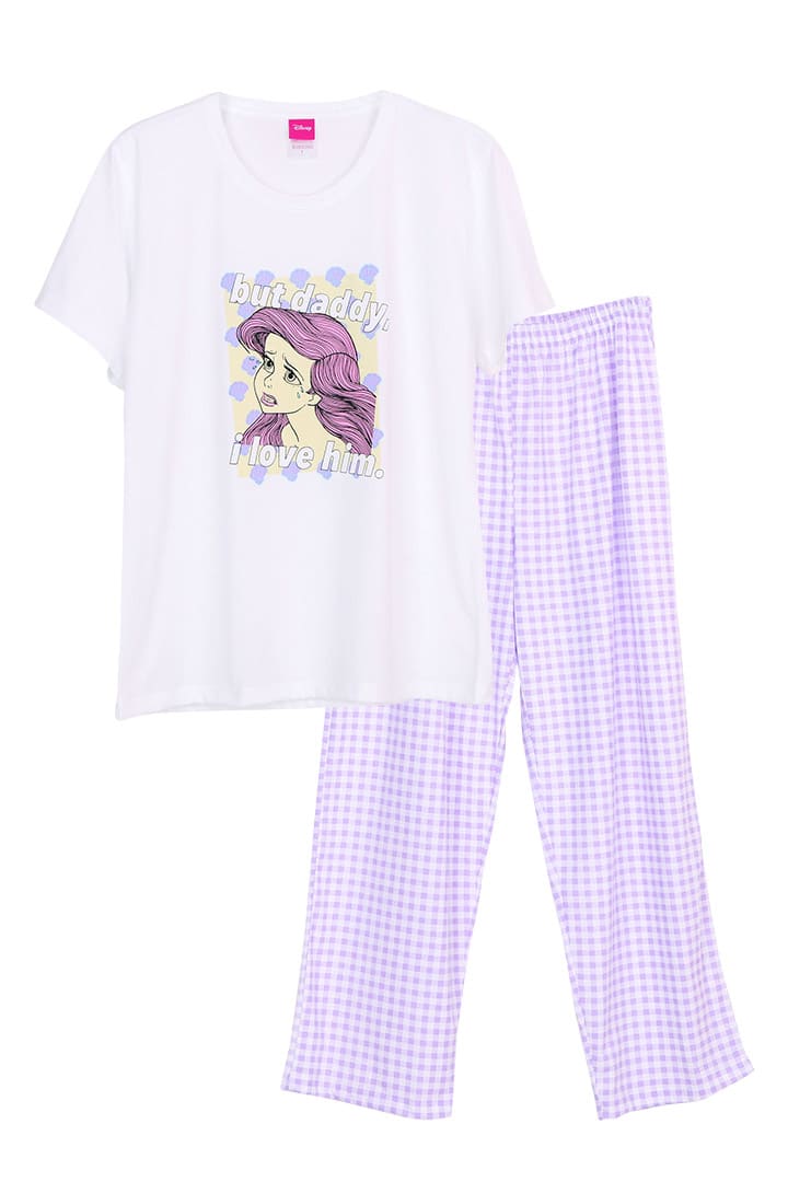 ชุดนอนผู้หญิง JOSILINS เซตเสื้อยืด และกางเกงขายาว Disney Princess : meme collection สีเหลืองอ่อนและสีขาว