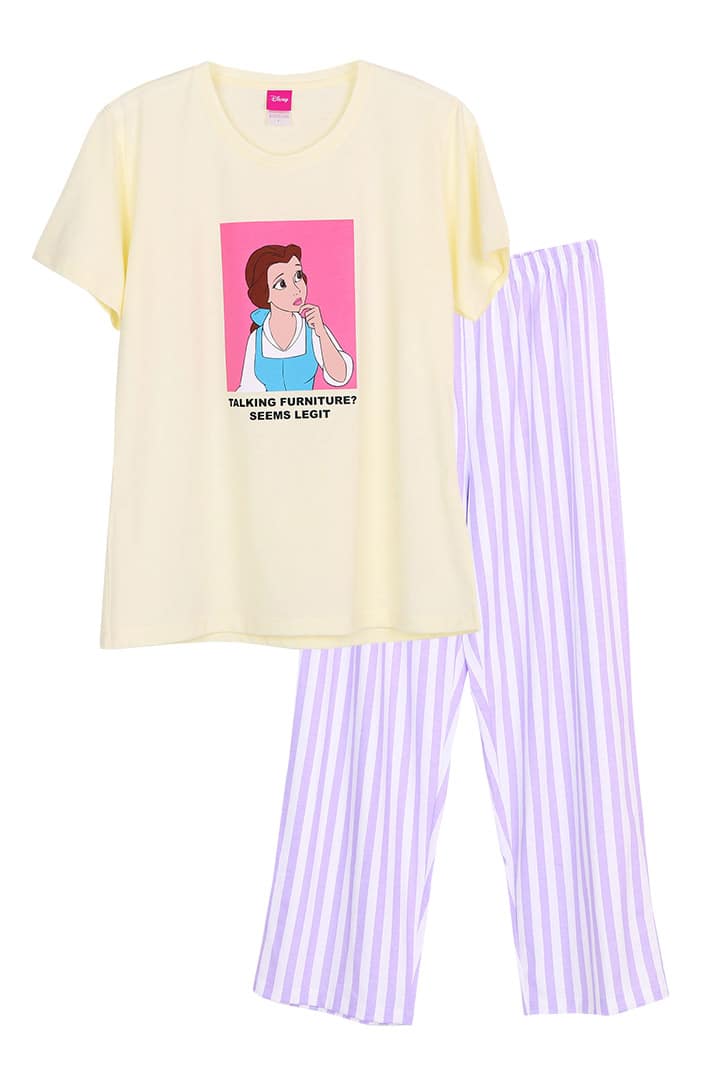 ชุดนอนผู้หญิง JOSILINS เซตเสื้อยืด และกางเกงขายาว Disney Princess : meme collection สีเหลืองอ่อนและสีขาว