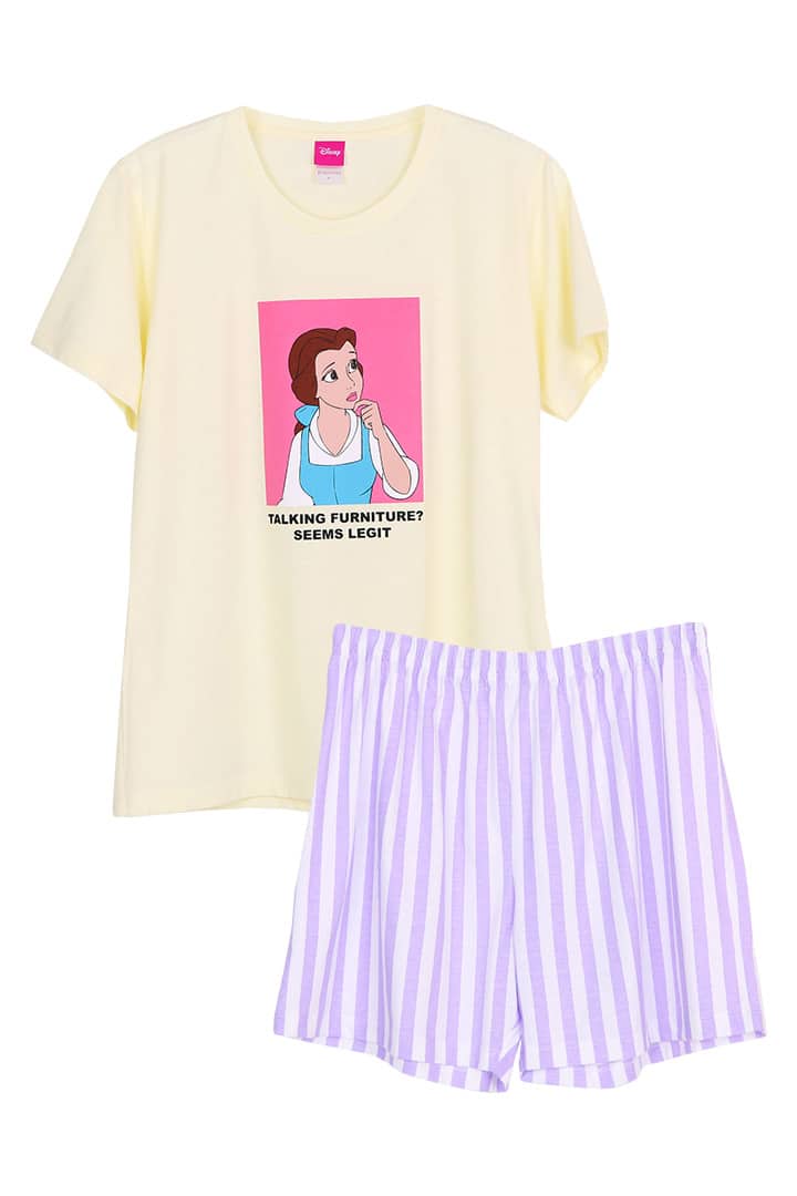 ชุดนอนผู้หญิง JOSILINS เซตเสื้อยืด และกางเกงขาสั้น Disney Princess : meme collection สีเหลืองอ่อนและสีขาว