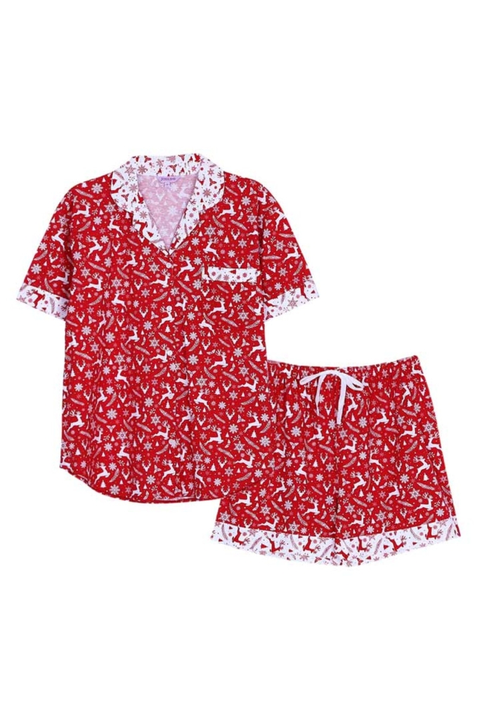 ชุดนอนผู้หญิง JOSILINS เซตแขนสั้นขาสั้น Reindeer Christmas สีแดงเข้ม และสีขาว