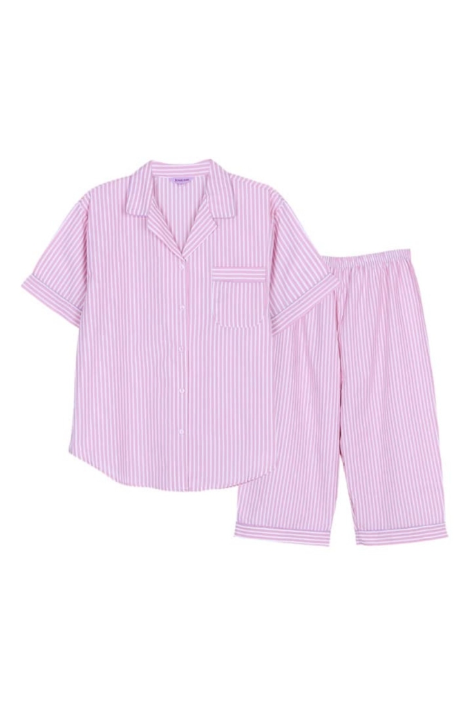 ชุดนอนผู้หญิง JOSILINS เซตแขนสั้นขาสี่ส่วน WINTER STRIPES สีชมพูอ่อน