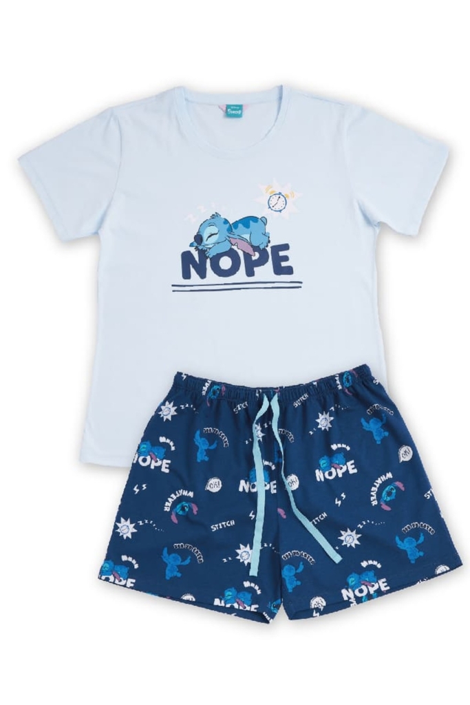 ชุดนอนผู้หญิง JOSILINS เซตเสื้อยืดขาสั้น Stitch : Just chill สีฟ้า