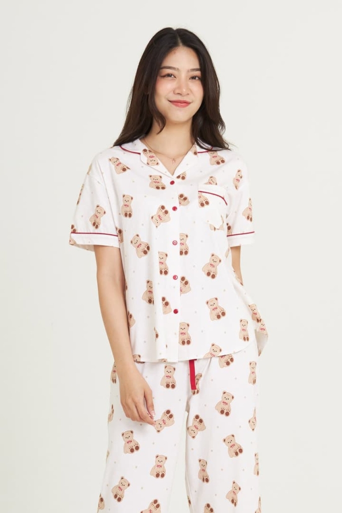 ชุดนอนผู้หญิง JOSILINS เซตแขนสั้นขายาว Teddy Bear สีฟ้า และสีครีม