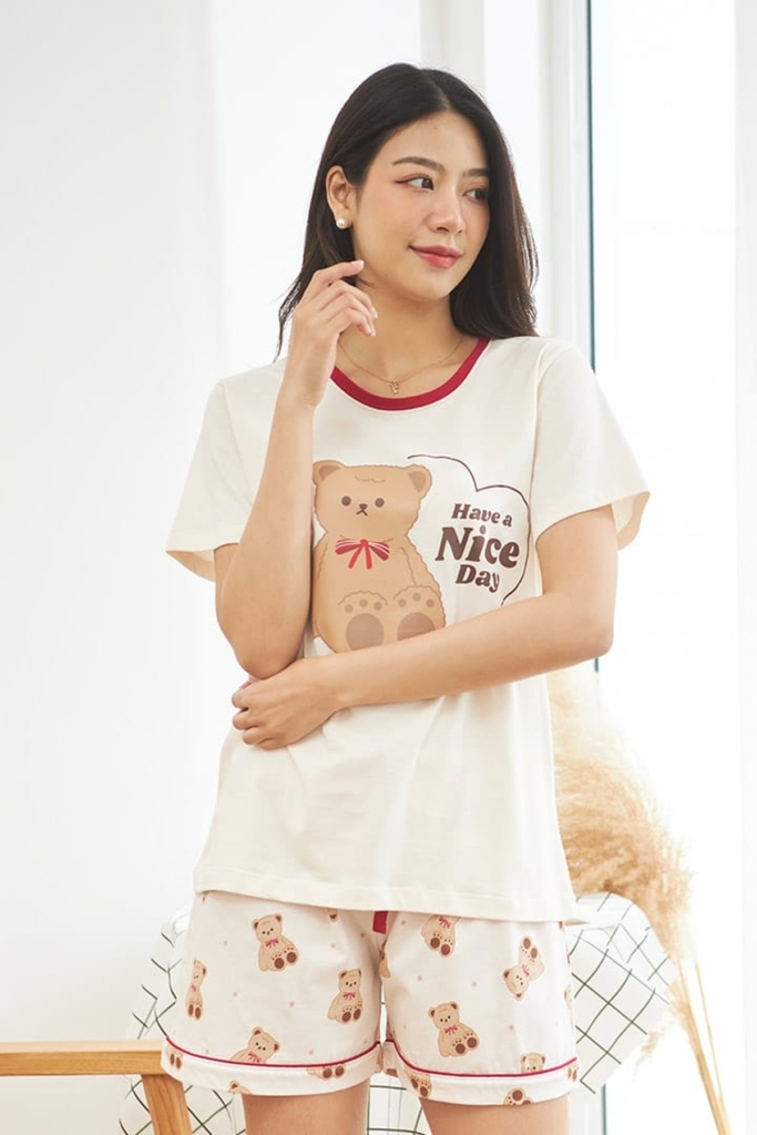 ชุดนอนผู้หญิง JOSILINS เซตเสื้อยืดขาสั้น Teddy Bear สีฟ้า สีครีม