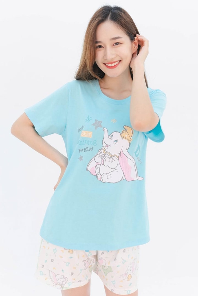 ชุดนอนผู้หญิง JOSILINS เซตเสื้อยืดขาสั้น Disney Animals : Dumbo So Cute สีฟ้า